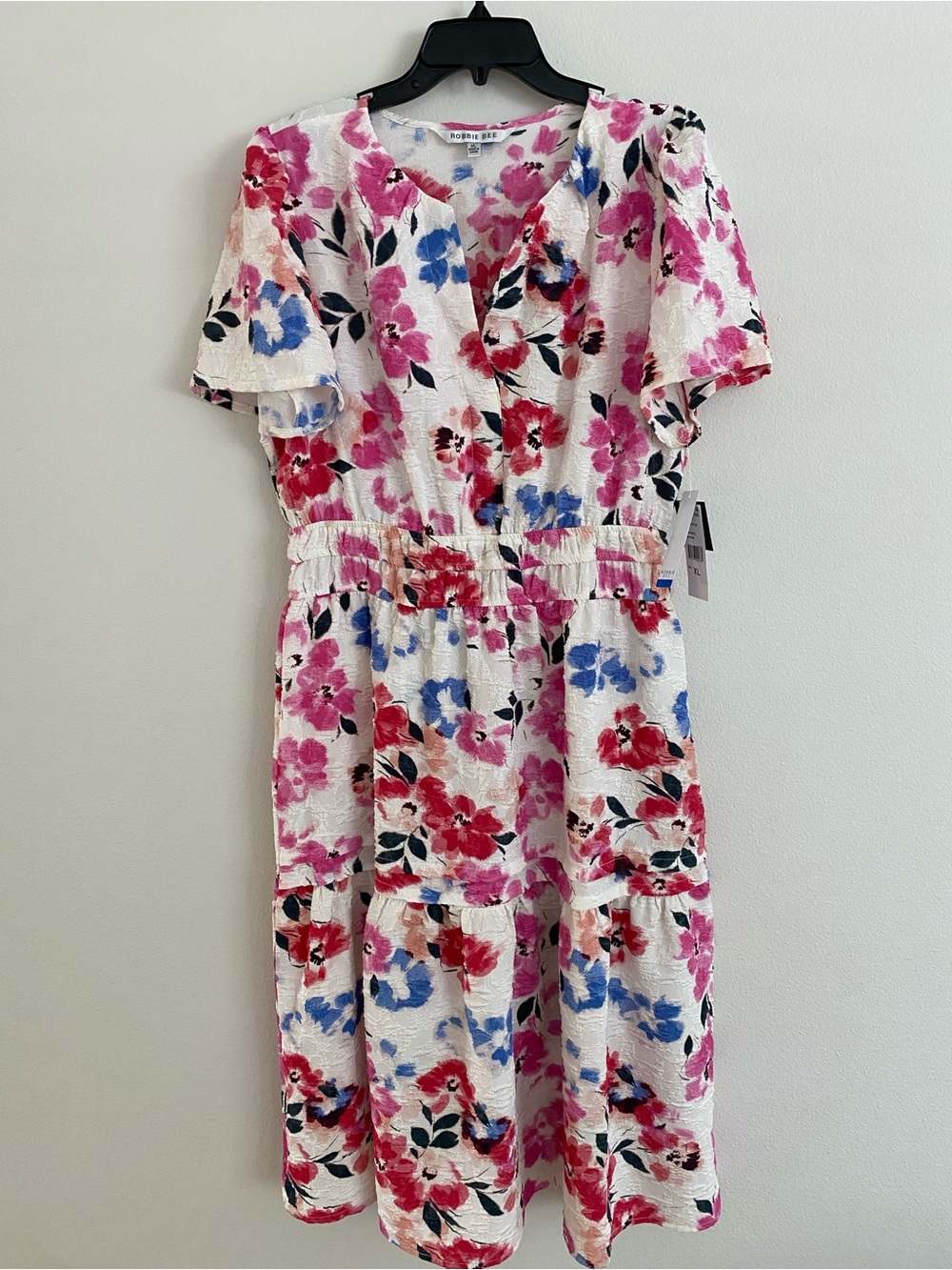 Robbie Bee White Floral Tiered V-Neck Dress with Pink, Red & Blue Blooms